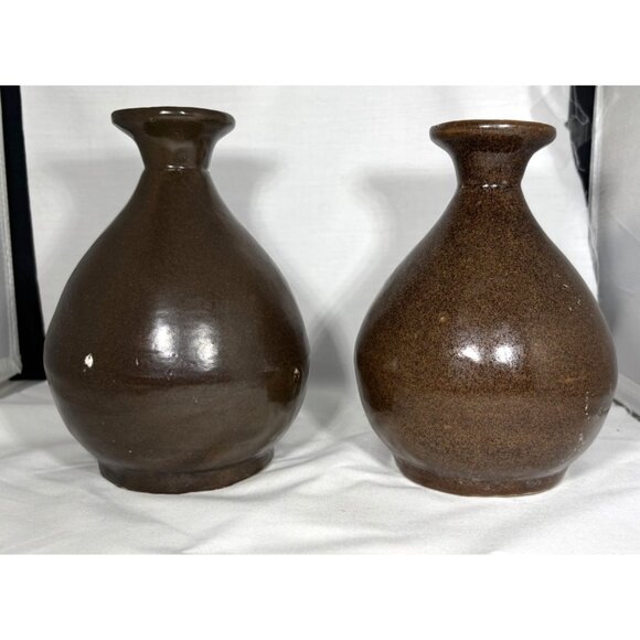 Antique Primitive Brown Ceramic Pots Lot of 2 Albany Slipware Glazed - Picture 1 of 8